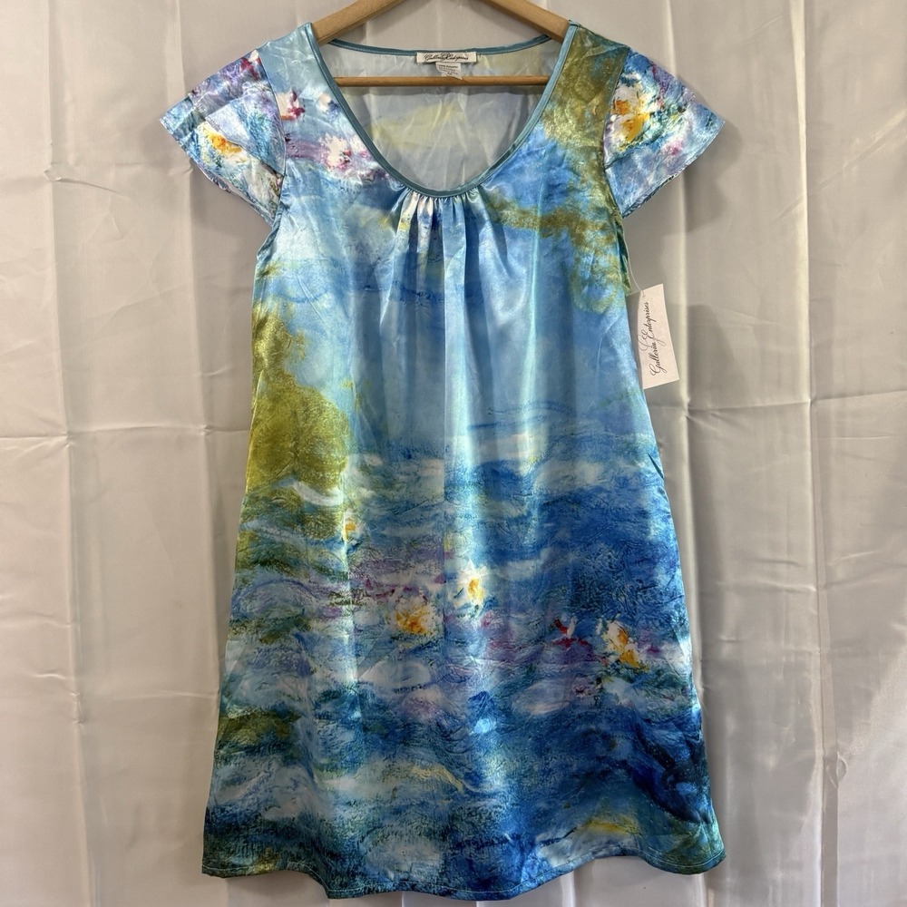 New Galleria Enterprises Satin M Dress Scoop Neck Art Waterlilies Claude Monet